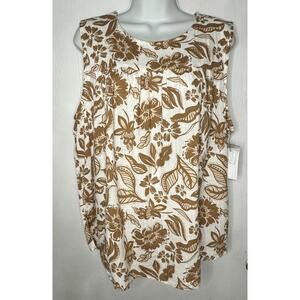 Sonoma Top White Brown Flowers sleeveless Women’s Size XL BOHO NEW